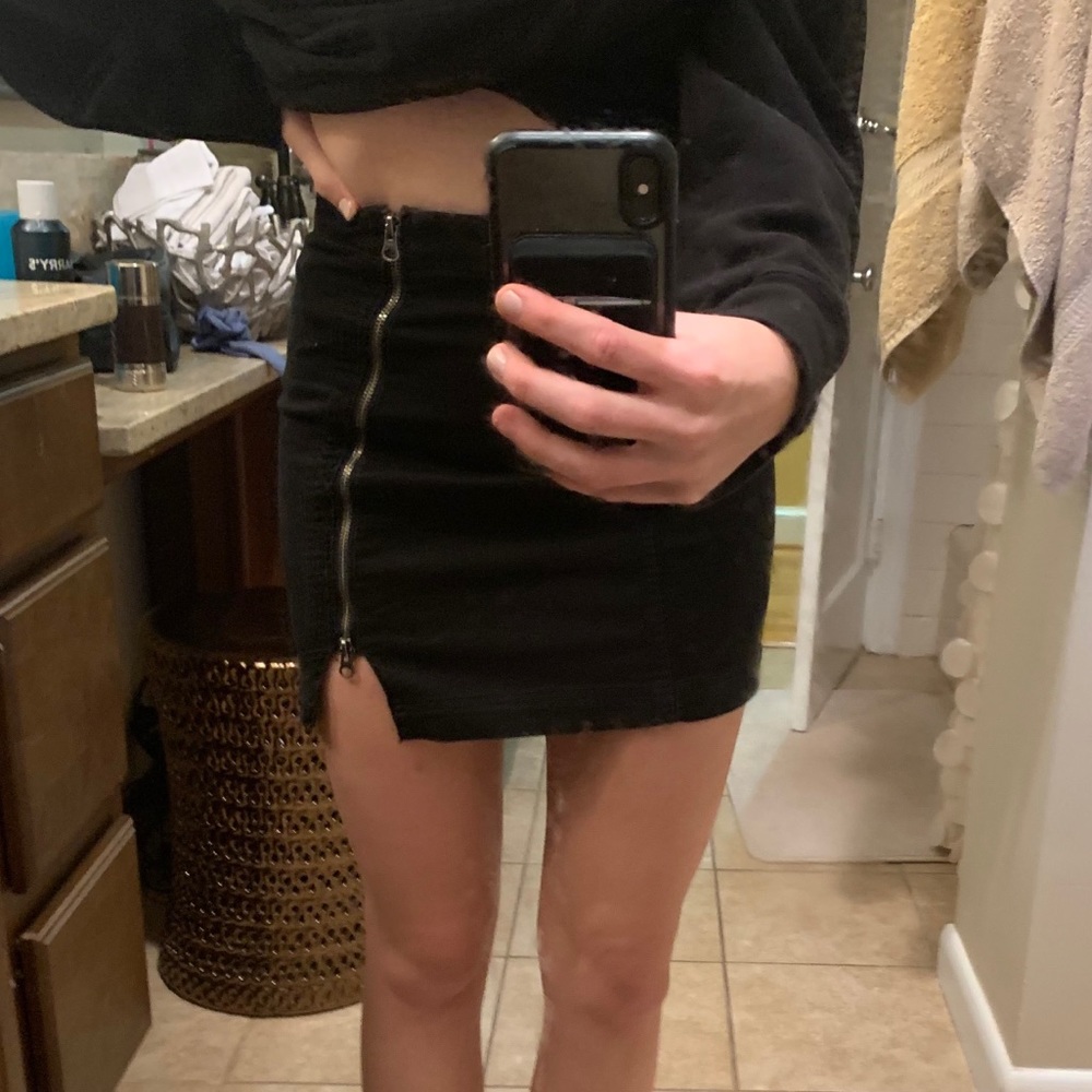 Free people sides zip black denim mini skirt